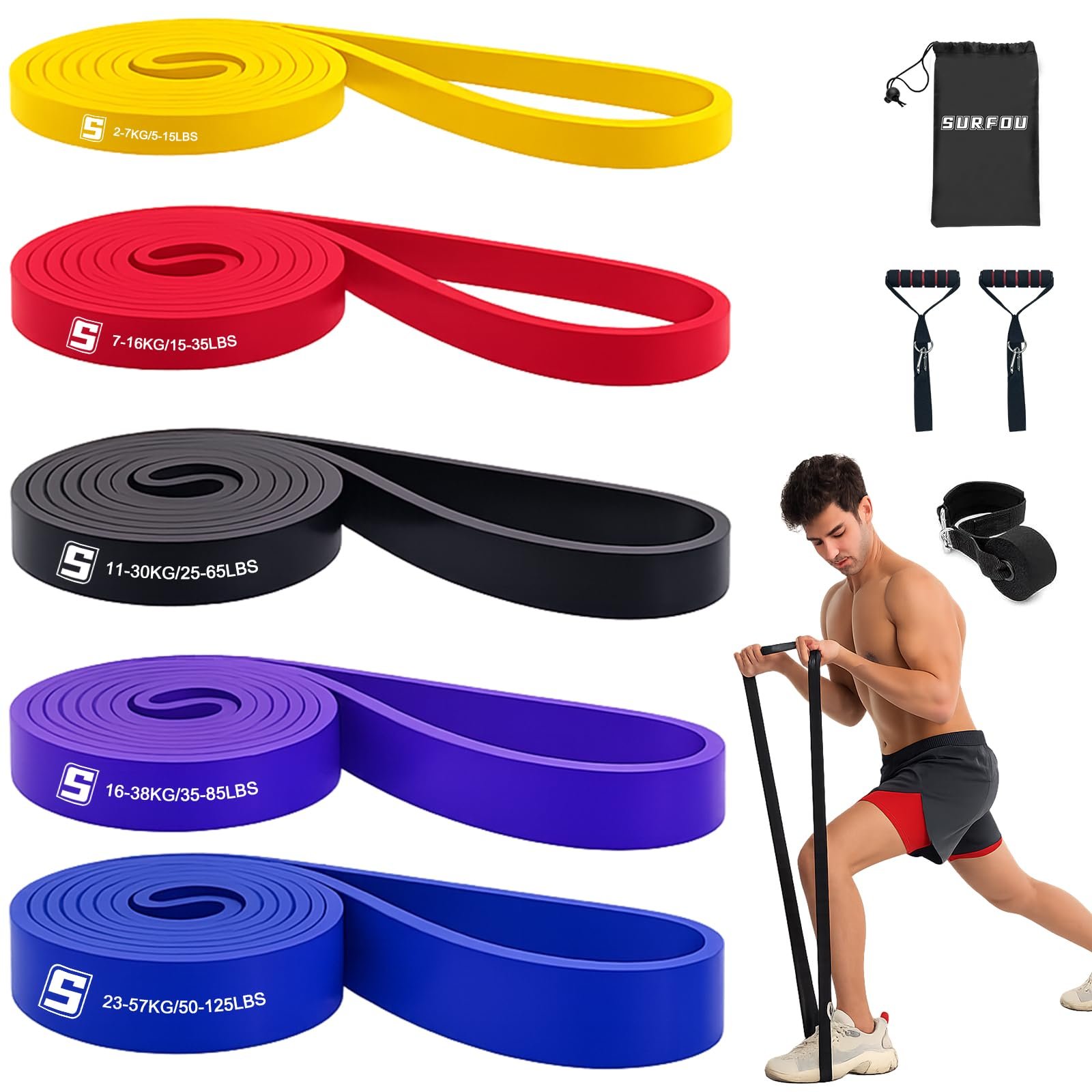 SURFOU Gomas Elasticas Musculacion 4 Niveles,Bandas de Resistencia con Anclaje para Puerta, 2 Asas, Bolsa y Guía, para Estiramiento, Yoga, Pilates y Entrenamiento de Fuerza