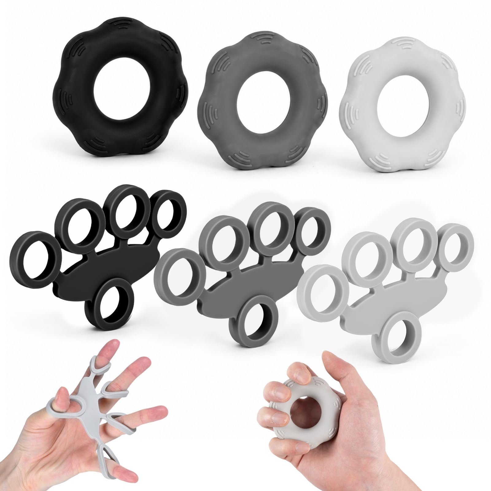 CAREHABI Hand Grip, Fortalecedor de Agarre de Mano 6 Pzs, Ejercitador de Manos Anillos Silicona sin BPA (30-50Lbs) & Bandas (6.6-11Lbs), Ejercicio Antebrazo Antideslizante Atletas, Músicos, Terapia
